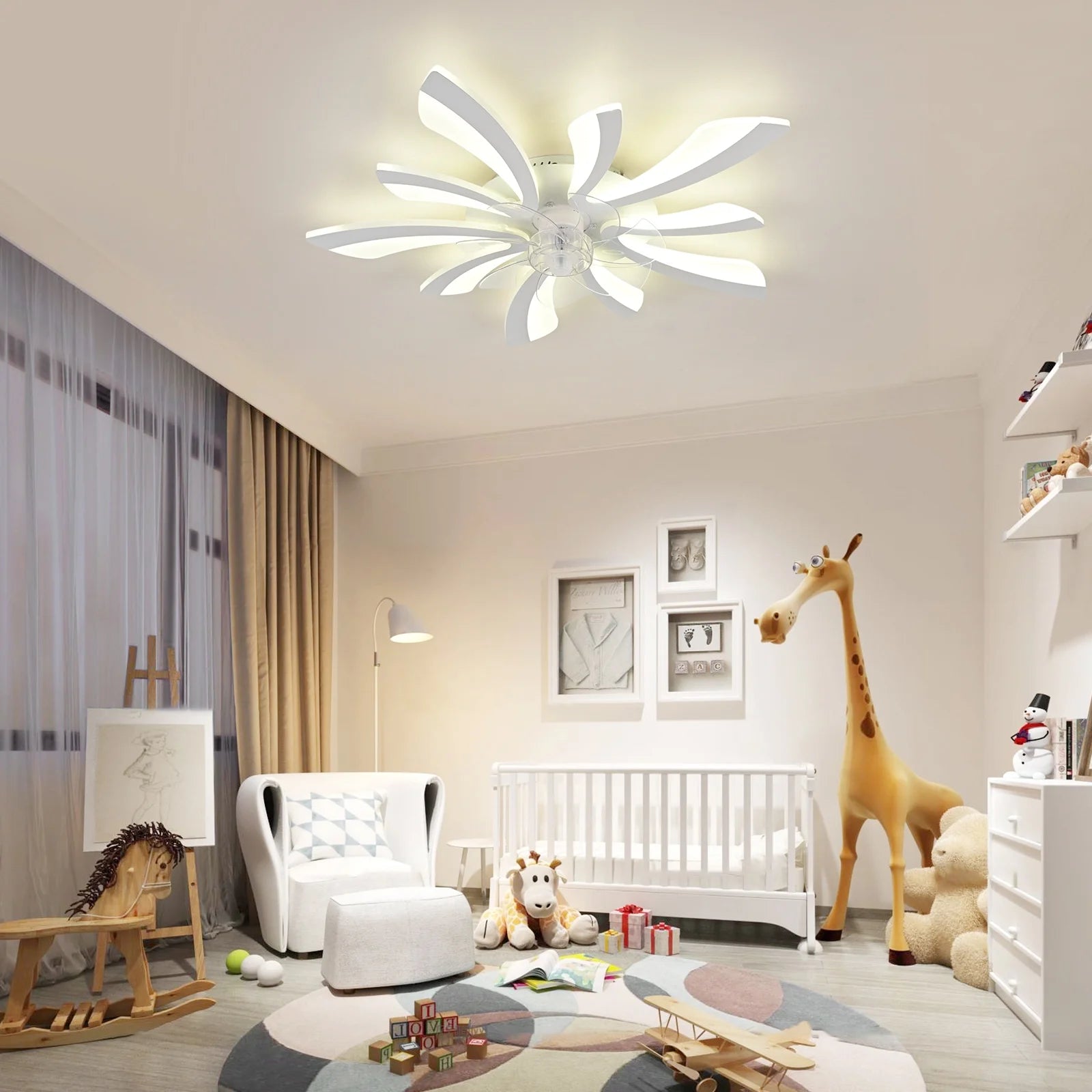 Garwarm Dimmable Ceiling Fan with Light and Remote Control, 27" Small Flush Mounted Ceiling Fan with LED Lights, APP and Remote Controlled, Modern, White