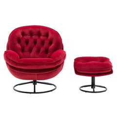 Swivel Accent Chair with Ottoman, Velvet Single Sofa Reading Chair with Metal Frame, Modern Tufted Armchair Comfy Lounge Chairs with Footrest for Living Room, Bedroom, Office, Red