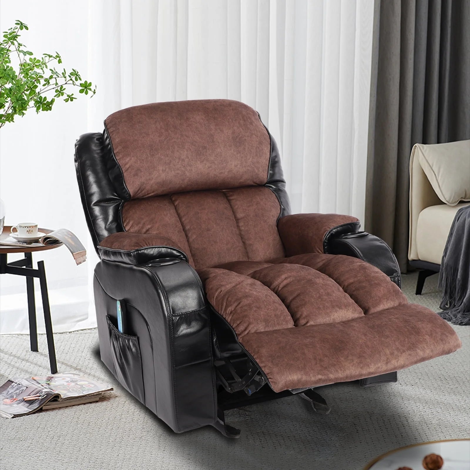 Leather Massage Recliner Chair, Modern Electric Power Rocker with Heated Massage, Ergonomic Lounge Chair, SEGMART Single Sofa Seat with Drink Holders for Living Room, Black and Brown