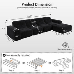 144" Oversized Modular Sectional Sofa, Deep Seat Chenille Cloud Couch with Chaise, L - Shaped Sparkling 5 Seat Sofa Couch for Living Room, Black