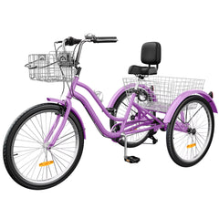 Dextrus 24 in 3 - Wheel Bike, Single Speed Adult Trike, Low Step - Through Cruiser with Front & Rear Baskets, Large Adjustable Seat with Backrest for Seniors, Men, and Women (Purple)