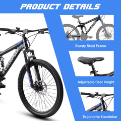 Ecarpat 26 in Mountain Bike, 21 - Speed Bike with Dual Suspension, High - Carbon Steel Frame and Disc Brakes, MTB Commuter Bicycles for Men Women, Black - Blue