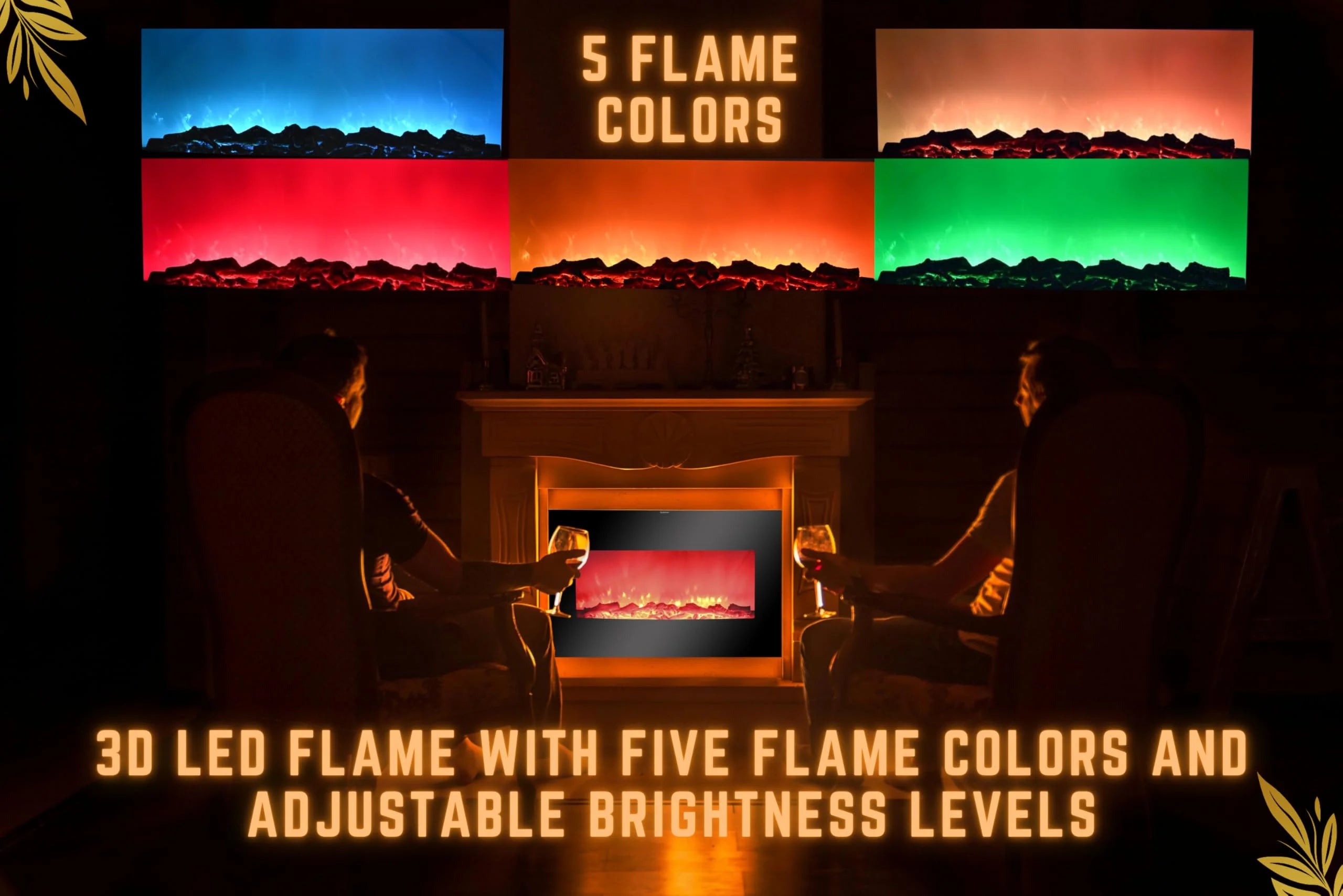 AGL APPLIANCES LLC 38 in Electric Fireplace Heater Stove | Tempered Glass Curved Screen with Log or Crystal Effect | Wall - Mounted/Free Standing | Adjustable Brightness with Remote Control