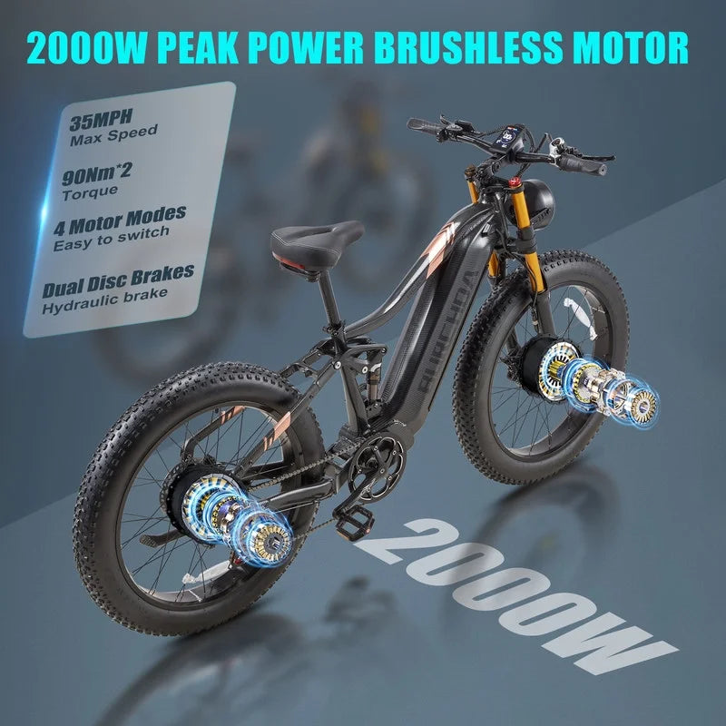 Dual Motors AWD 2000W Electric Bike for Adult 26'', UL2849 48V 30AH Removable Battery E - Mountain Bike 4.0 Fat Tire up to 35MPH&120miles Long Range Off - Road Ebike Beach Dual Hydraulic&Brakes E - Bicycle