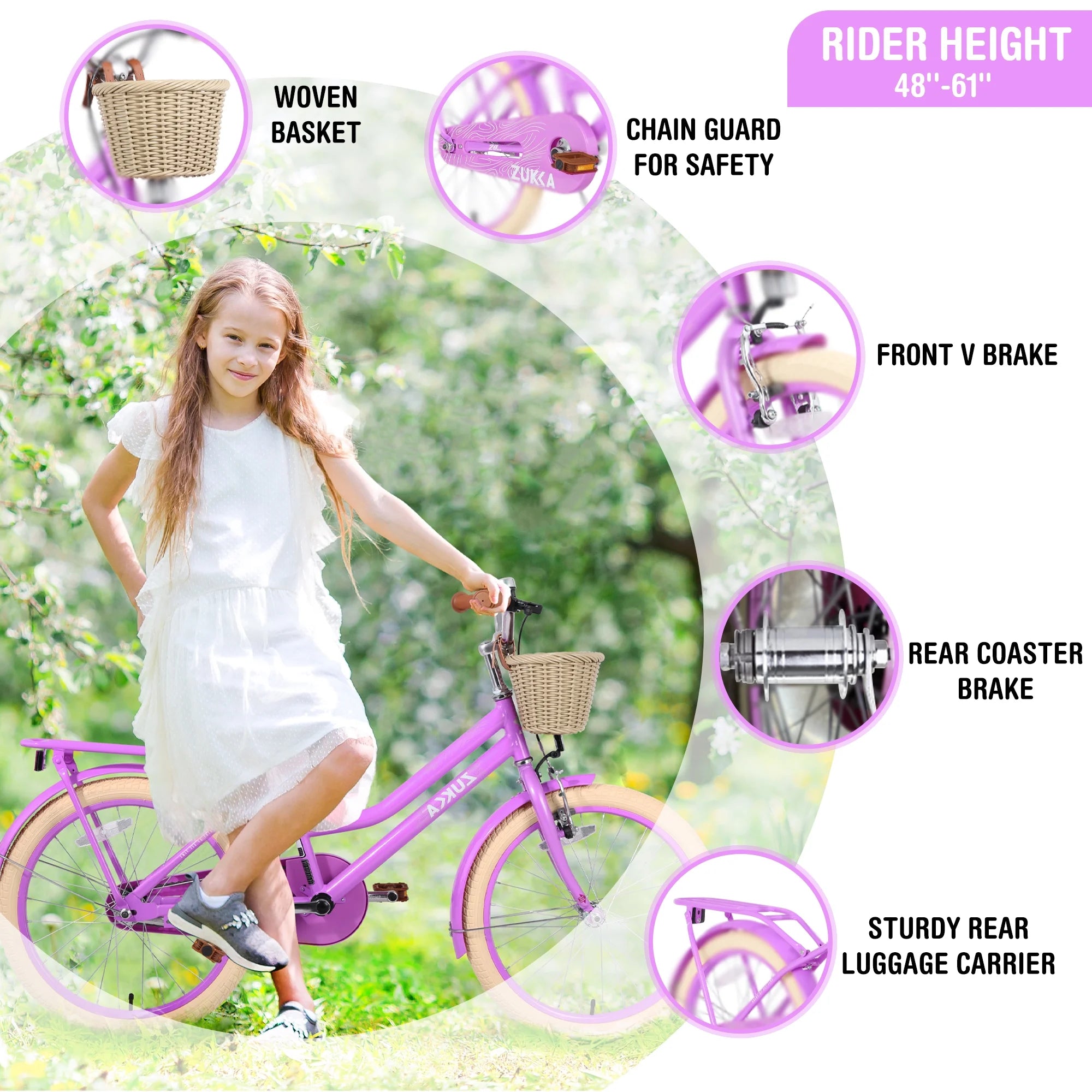 Aezusy 20 in Kids Bike with Basket for 7 - 10 Years Old Girls, Purple