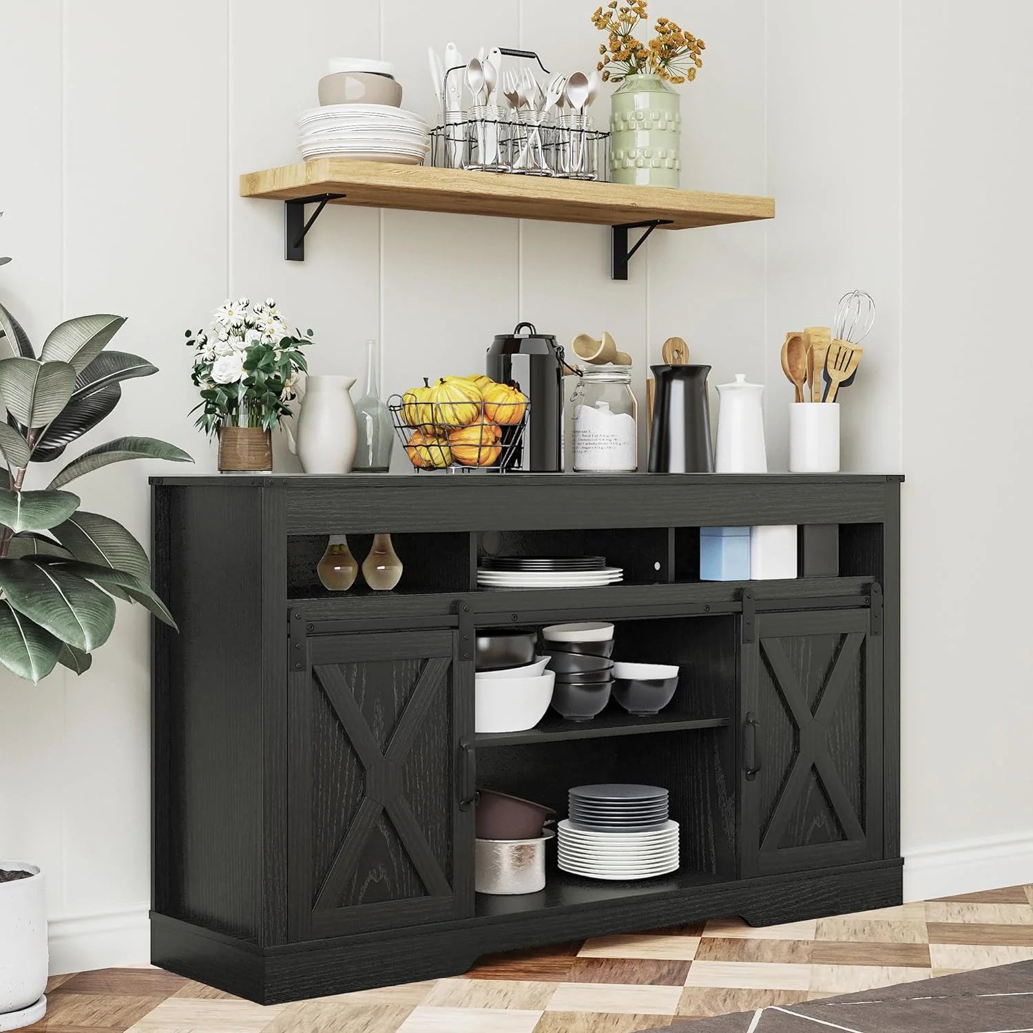 Mayincolor Farmhouse TV Stand for 65+ Inch TV, 34'' Tall Entertainment Center with Sliding Barn Doors, Rustic Wood Media Console Storage Cabinet Television Stand for Living Room, Light Grey