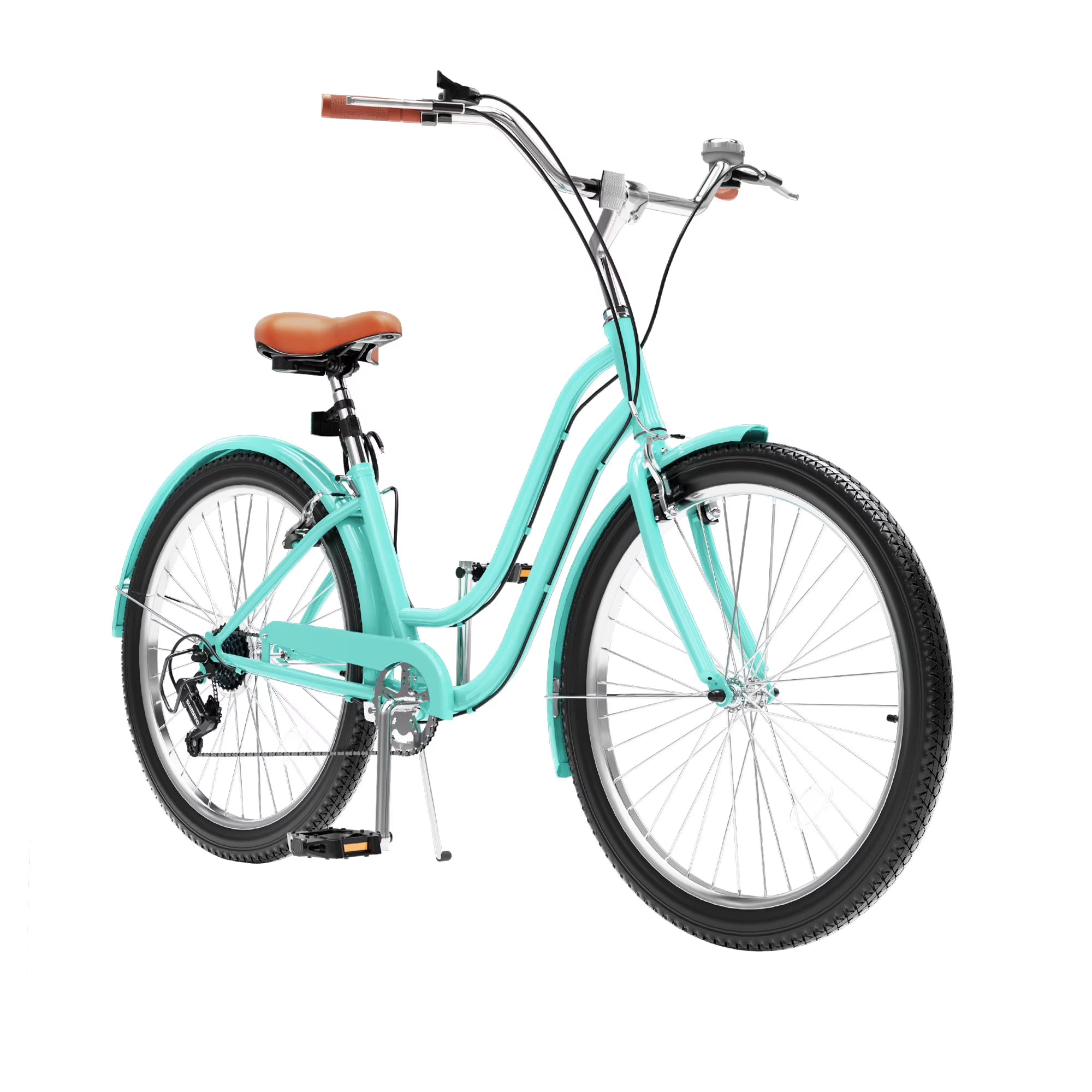 Uforic24'' Beach Cruiser Bike, 7 - Speed, Step - Through Bicycle for Men & Women, Steel Frame, Mint Green
