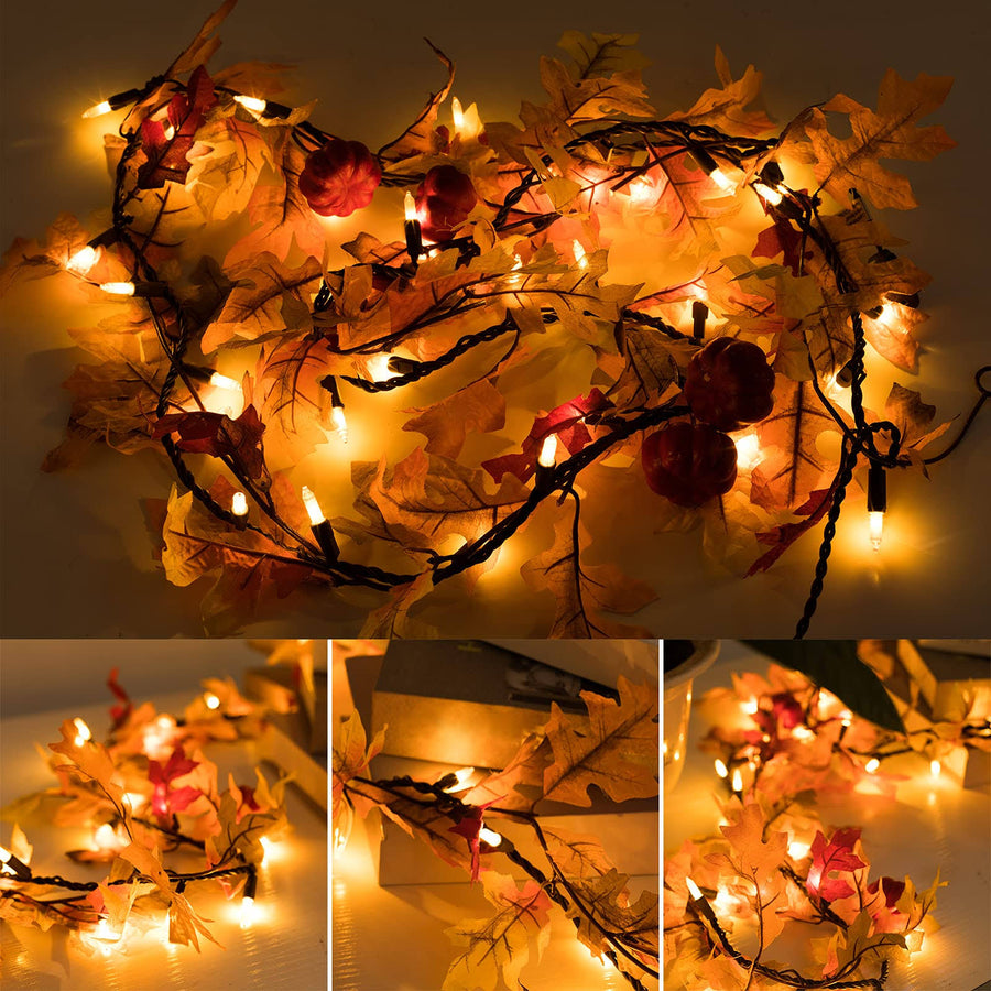 Maple Leaf String Lights Thanksgiving Decorations, Fall Garland Lights String with 35 Incandescent Bulbs for Connectable 15 Sets Display Indoor