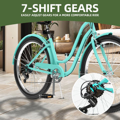 Uforic24'' Beach Cruiser Bike, 7 - Speed, Step - Through Bicycle for Men & Women, Steel Frame, Mint Green