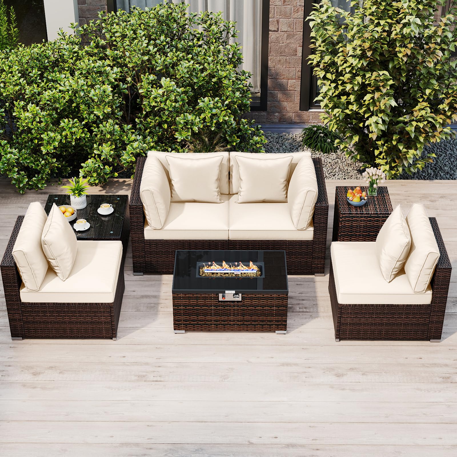 Tangkula 7 Pieces Wicker Patio Furniture Set with 40,000 BTU Gas Fire Pit Table & Propane Tank Cover Table & Glass Top Coffee Table
