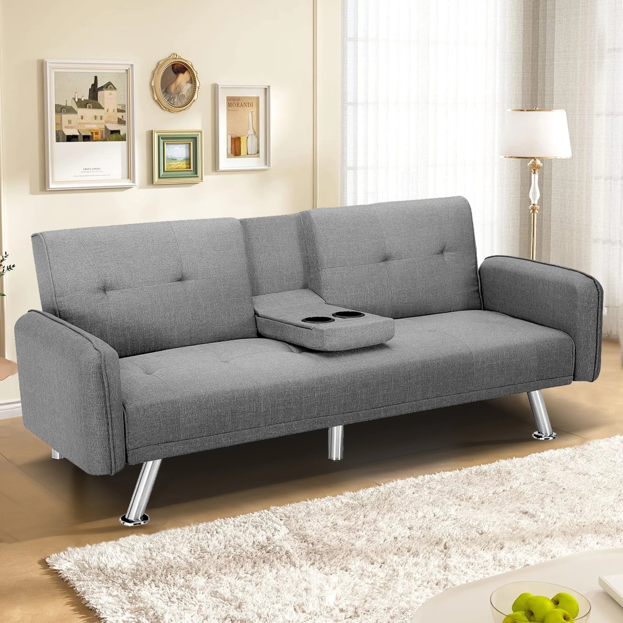 Aukfa 75" Square Arm Futon Convertible Sofa Bed for Home Office, 2 Cup Holders, Linen, Dark Gray