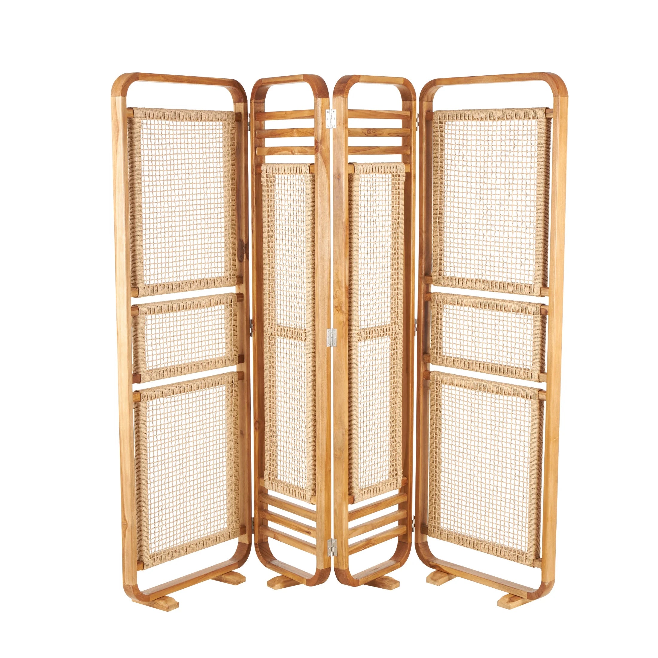 Decmode 79" x 70" Brown Teak Wood Handmade Foldable Partition 4 Panel Room Divider Screen with Woven Rattan Panels, 1 - Piece