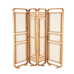 Decmode 79" x 70" Brown Teak Wood Handmade Foldable Partition 4 Panel Room Divider Screen with Woven Rattan Panels, 1 - Piece