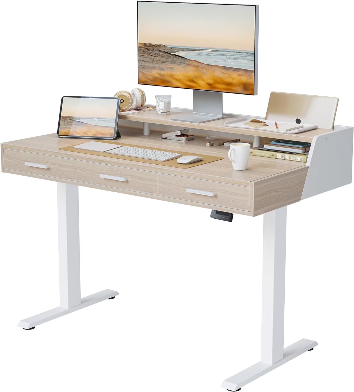 FEZIBO Electric Standing Desk with 3 Drawers & Monitor Shelves, 48 x 26 in Sit Stand Home Office Desk, Rustic Brown