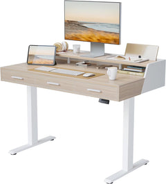 FEZIBO Electric Standing Desk with 3 Drawers & Monitor Shelves, 48 x 26 in Sit Stand Home Office Desk, Rustic Brown
