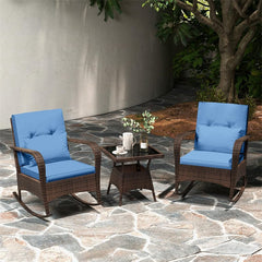 3-Piece Outdoor Wicker Rocking Chair Set, Rattan Bistro Rocker Furniture with Cushions & Pillows, Tempered Glass Coffee Table for Porch Balcony