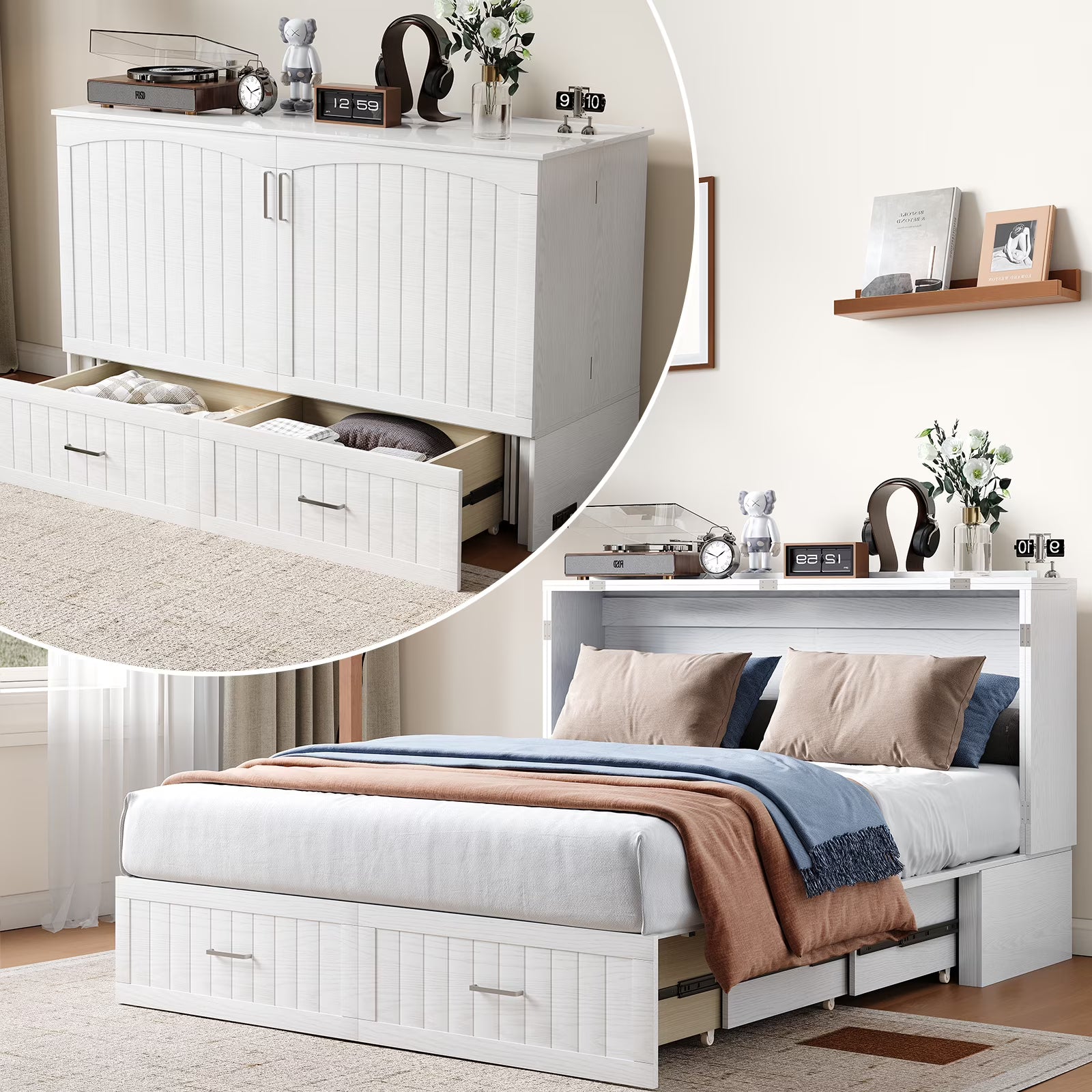 ZAFLY Murphy Bed with Trifold Foam Mattress, Cabinet Bed Has USB Charging Station, Convertible Bed with Storage Platform, Cabinet Chest Bed with Large Drawers for Living Room/Bedroom (Grey)