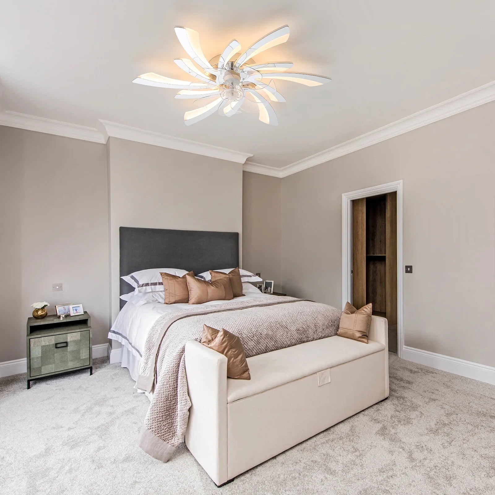 Garwarm Dimmable Ceiling Fan with Light and Remote Control, 27" Small Flush Mounted Ceiling Fan with LED Lights, APP and Remote Controlled, Modern, White