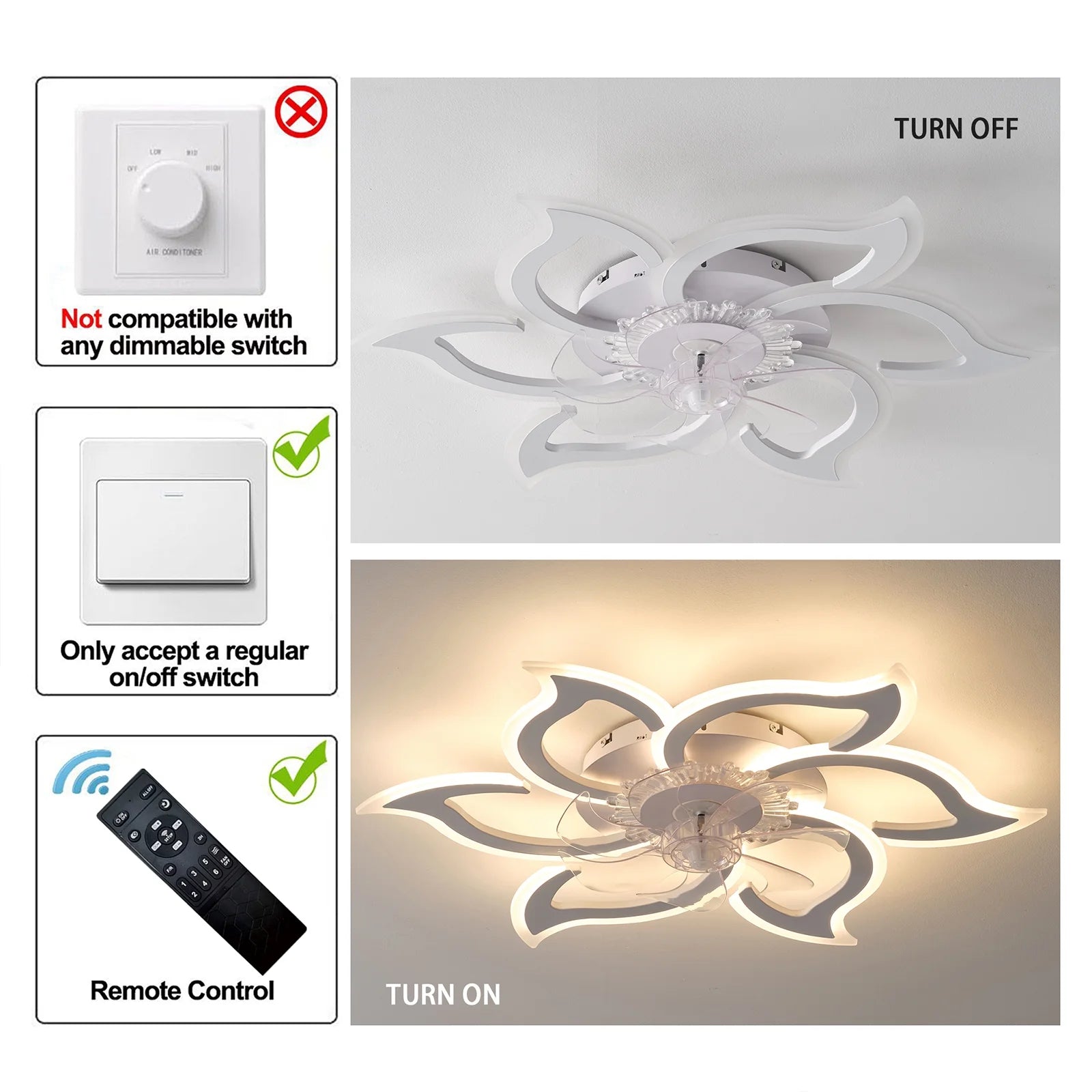 Garwarm Dimmable Ceiling Fan with Light and Remote Control, 27" Small Flush Mounted Ceiling Fan with LED Lights, APP and Remote Controlled, Modern, White