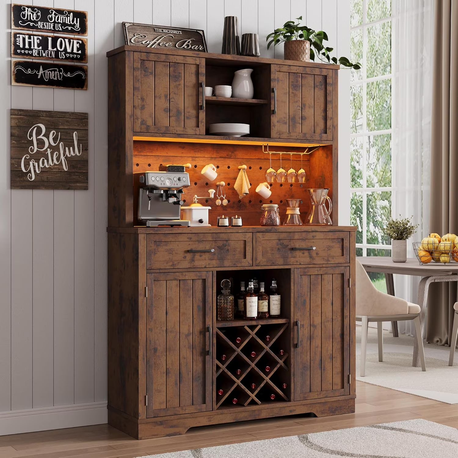 LAFGUR 72" Kitchen Storage Cabinet with Power Outlet & LED Light, Coffee Bar Cabinet with Drawers & Wine Glass Rack, Sideboard for Home, White
