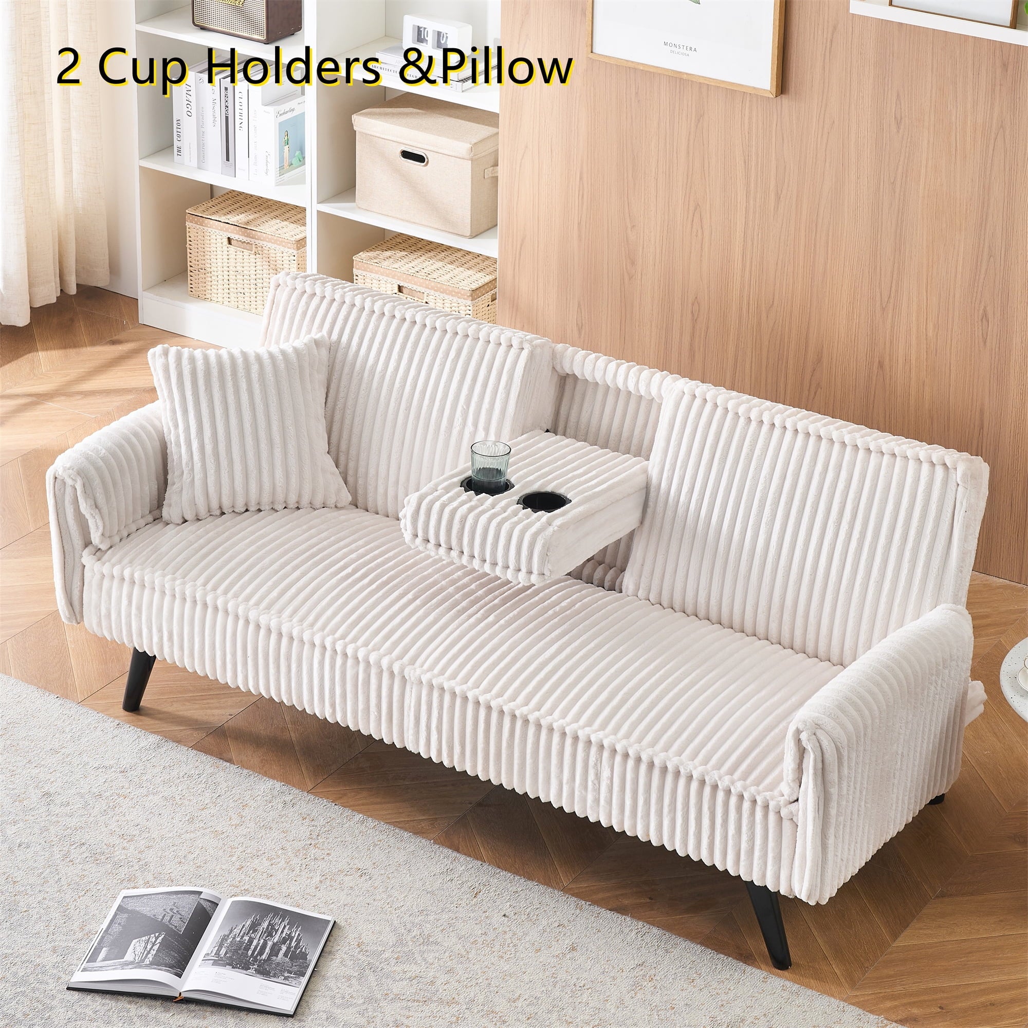 Aukfa 75" Square Arm Futon Convertible Sofa Bed for Home Office, 2 Cup Holders, Linen, Dark Gray