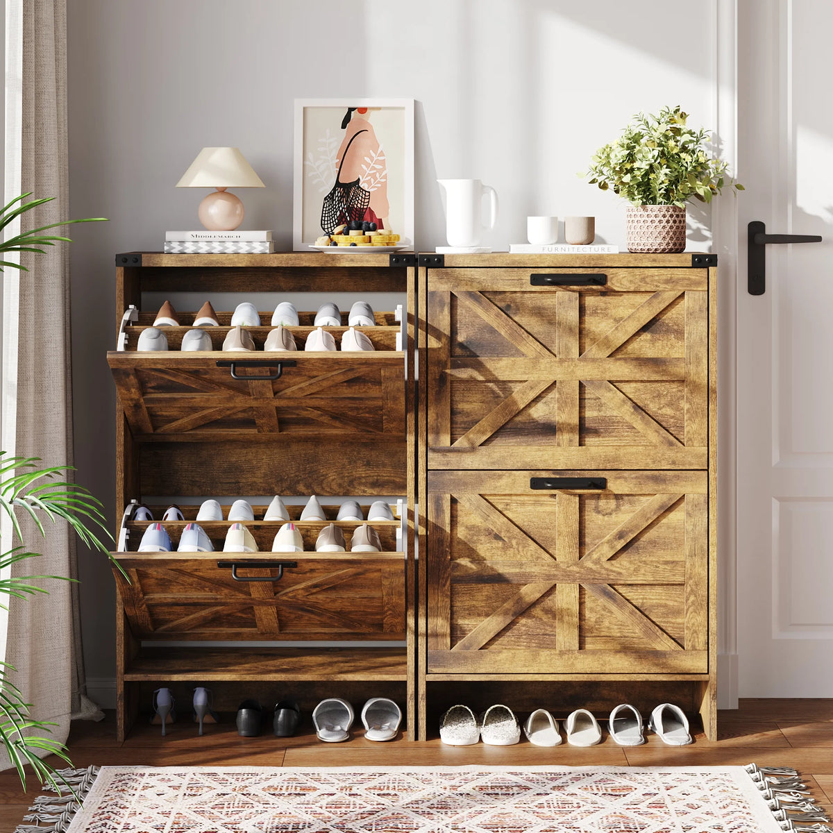 VEANERWOOD Shoes Storage Cabinet with Doors, Farmhouse Shoe Cabinet with 2 Flip Drawers for Entryway, Gray