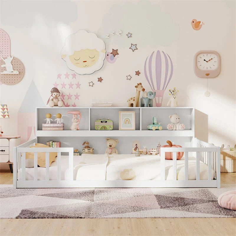Full Size Montessori Floor Bed with Bookcase, Storage Shelves & Safety Fence Rails, Solid Wood Bed Frame for Kids, No Box Spring Needed