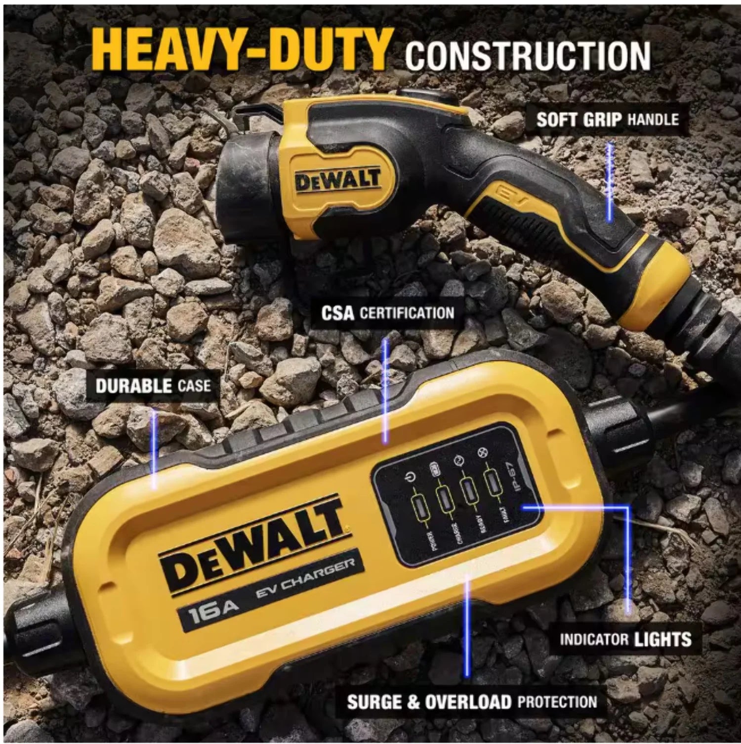 DEWALT Level - 2 Portable Electric Vehicle EV Charger up to 16 Amps, 120 - 240 - Volt AC 3.8 KW, 25 Ft. Cable, Weatherproof