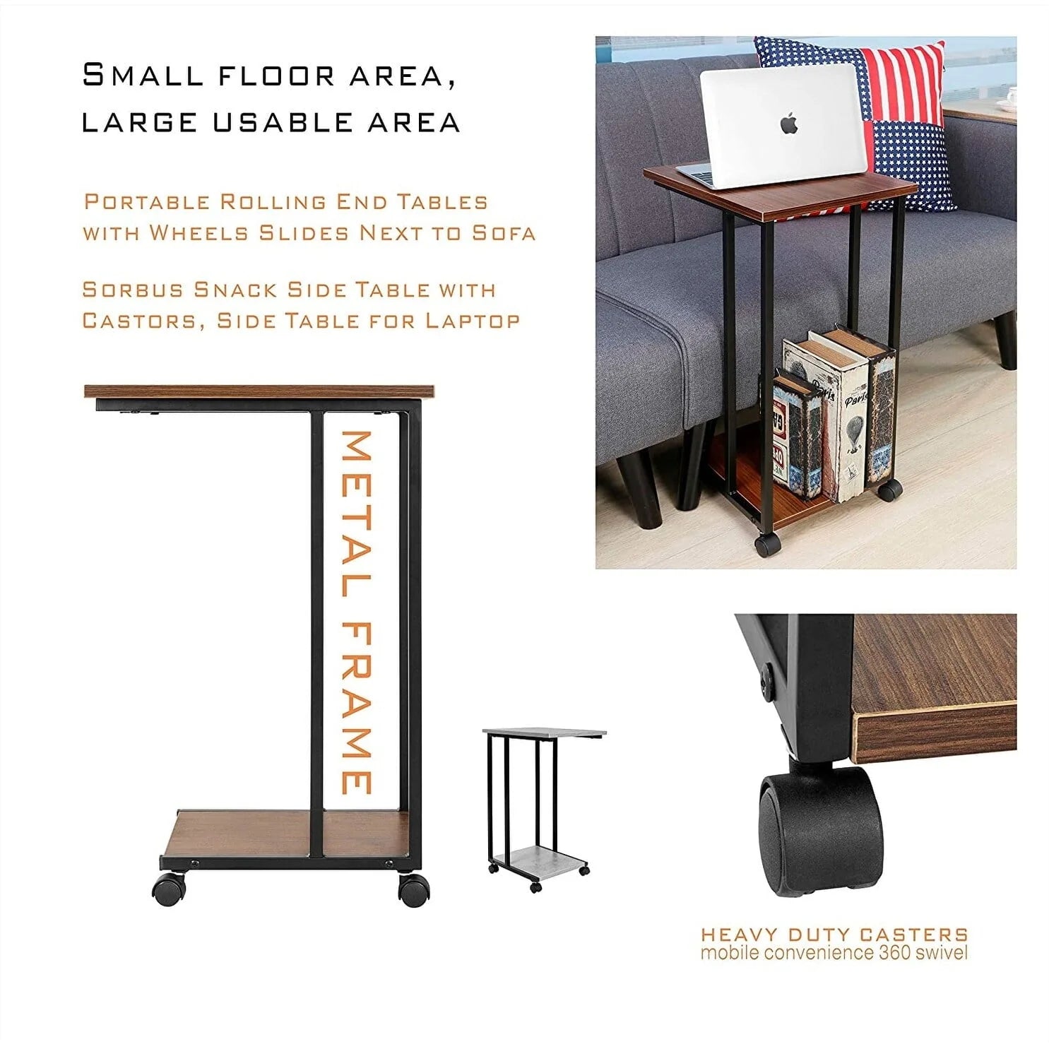 JJS Side End C Table for Sofa, Living Room Couch Table Snack Table That Slide Under for Small Spaces Cement/Black