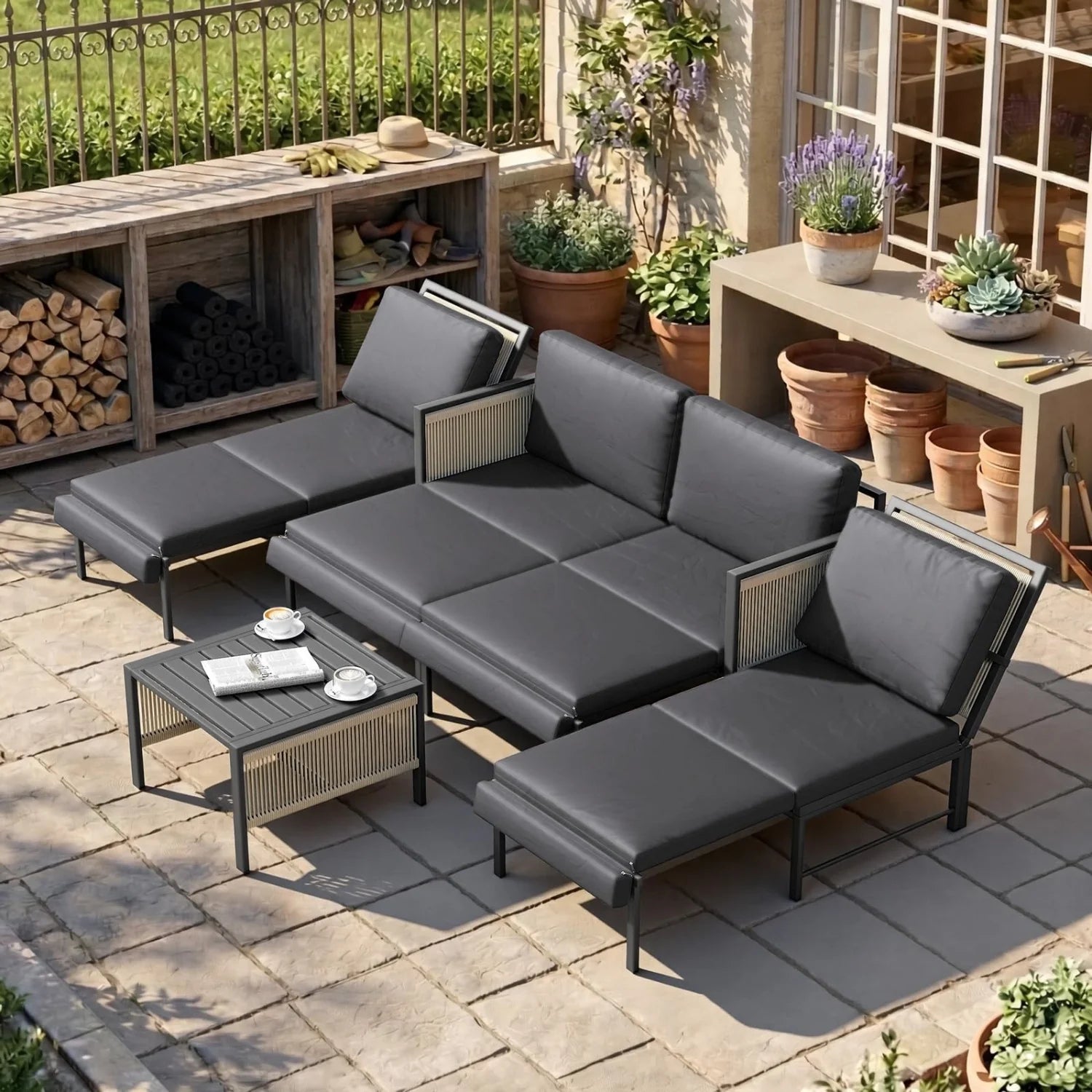 AECOJOY Aluminum Patio Furniture Set - 4 Seat Outdoor Sectional with Retractable Footrest Sofas & Coffee Table