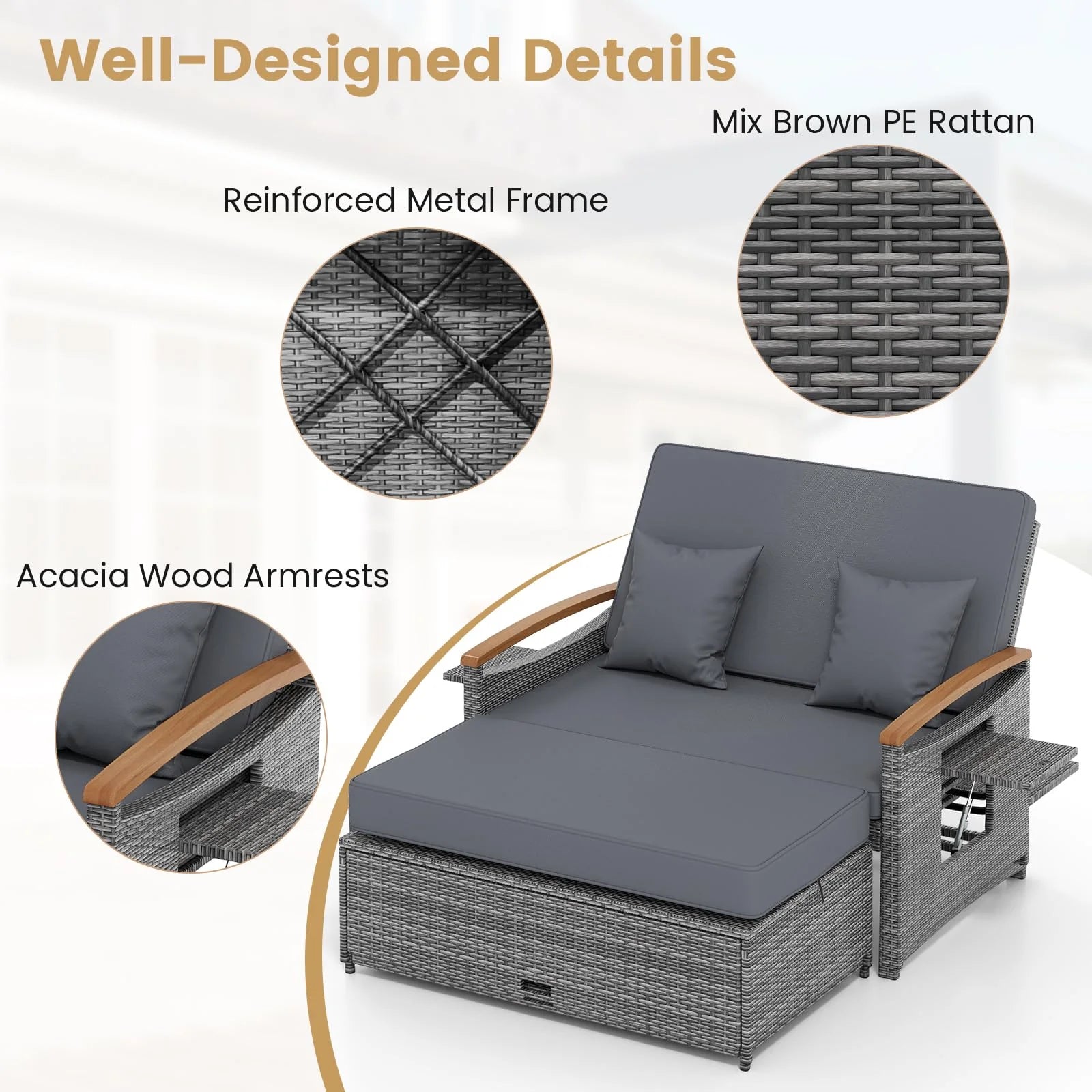 Tangkula Patio Rattan Daybed with 4-Level Adjustable Backrest