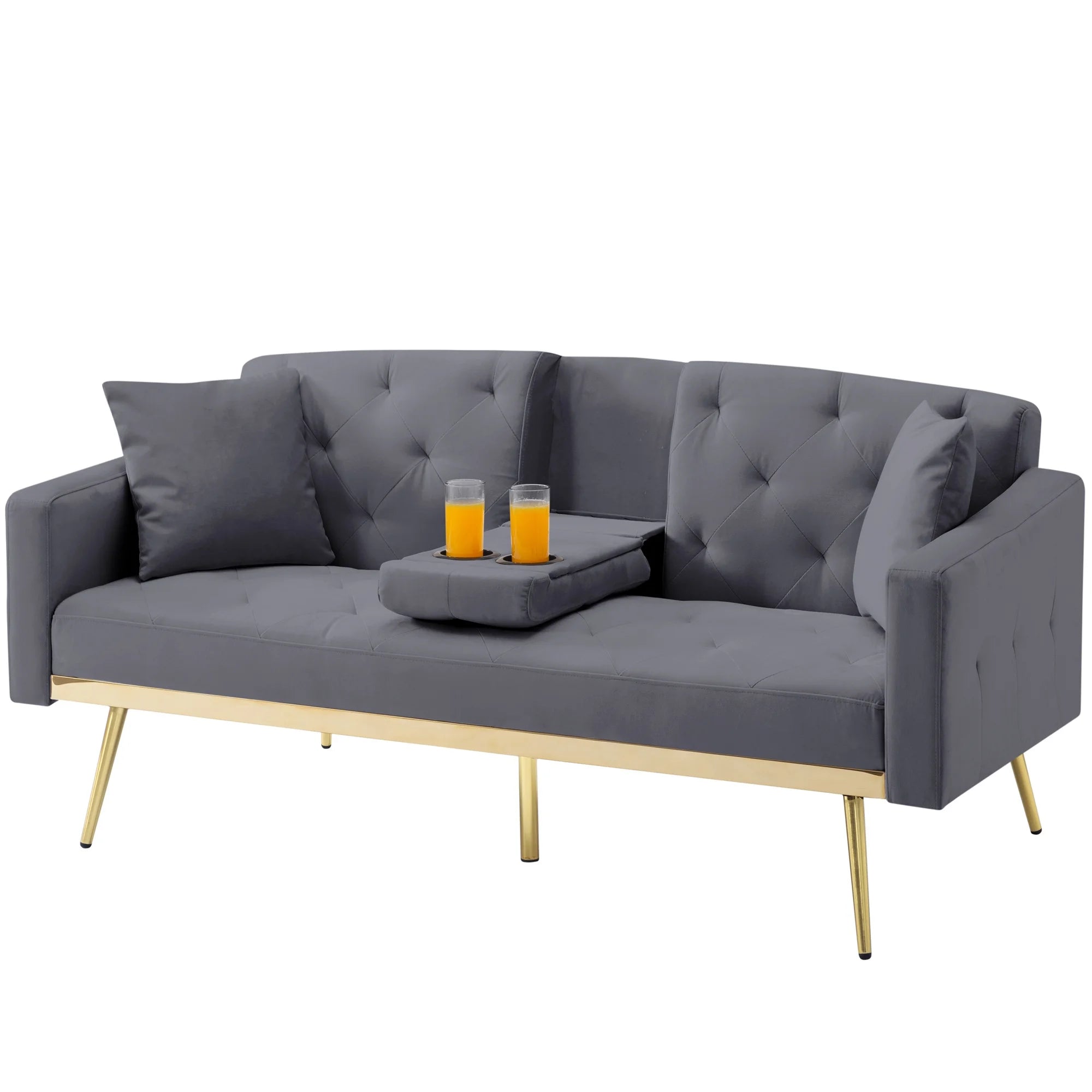 Aukfa 75" Square Arm Futon Convertible Sofa Bed for Home Office, 2 Cup Holders, Linen, Dark Gray
