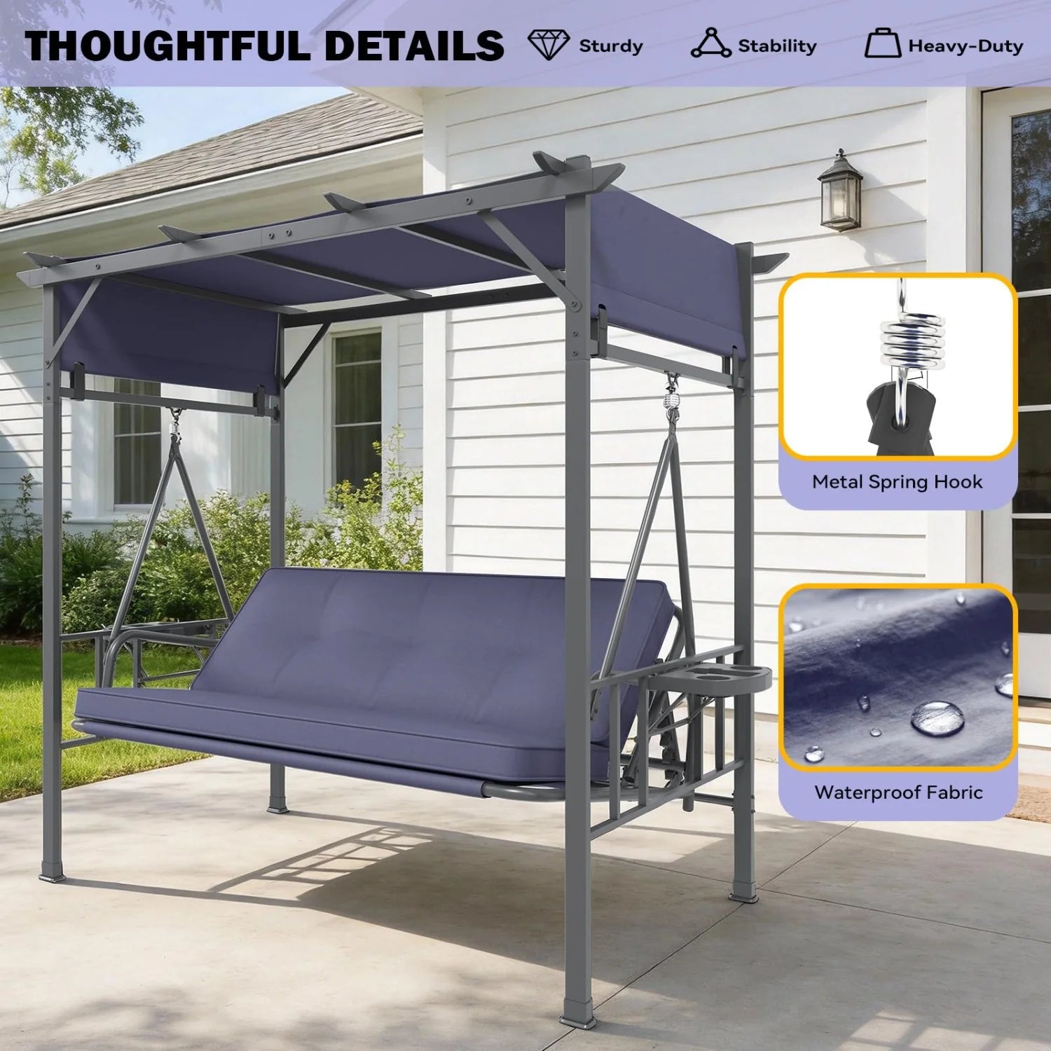 AECOJOY 2-in-1 Convertible Porch Swing Bed 3 Seat, Outdoor Patio Metal Pergola Swing