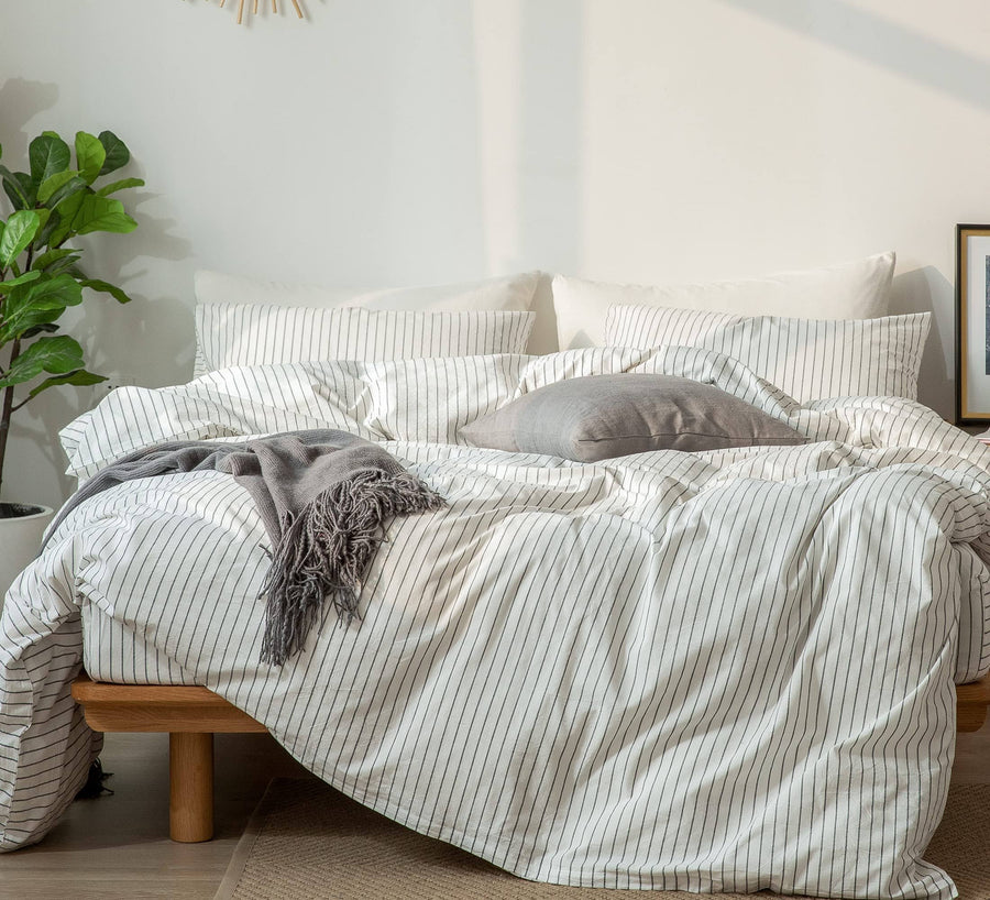 MooMee Bedding Duvet Cover Set 100% Washed Cotton Linen Like Bedding Textured Breathable Durable Soft Comfy (White Stripe, Queen)