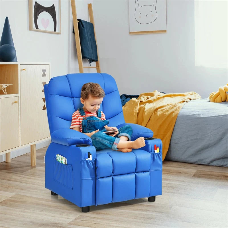 Kids Recliner Chair PU Leather Adjustable Lounge Sofa with Cup Holder, 3 Pockets & Retractable Footrest, Ergonomic Toddler Furniture Sofa
