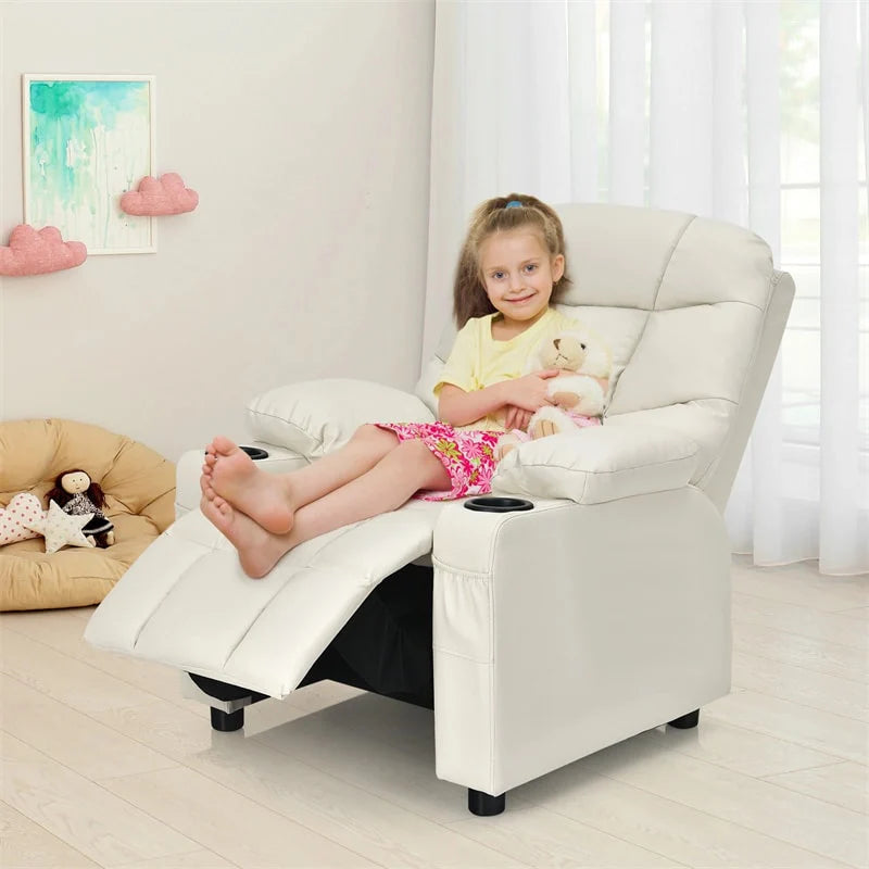 Kids Recliner Chair PU Leather Adjustable Lounge Sofa with Cup Holder, 3 Pockets & Retractable Footrest, Ergonomic Toddler Furniture Sofa