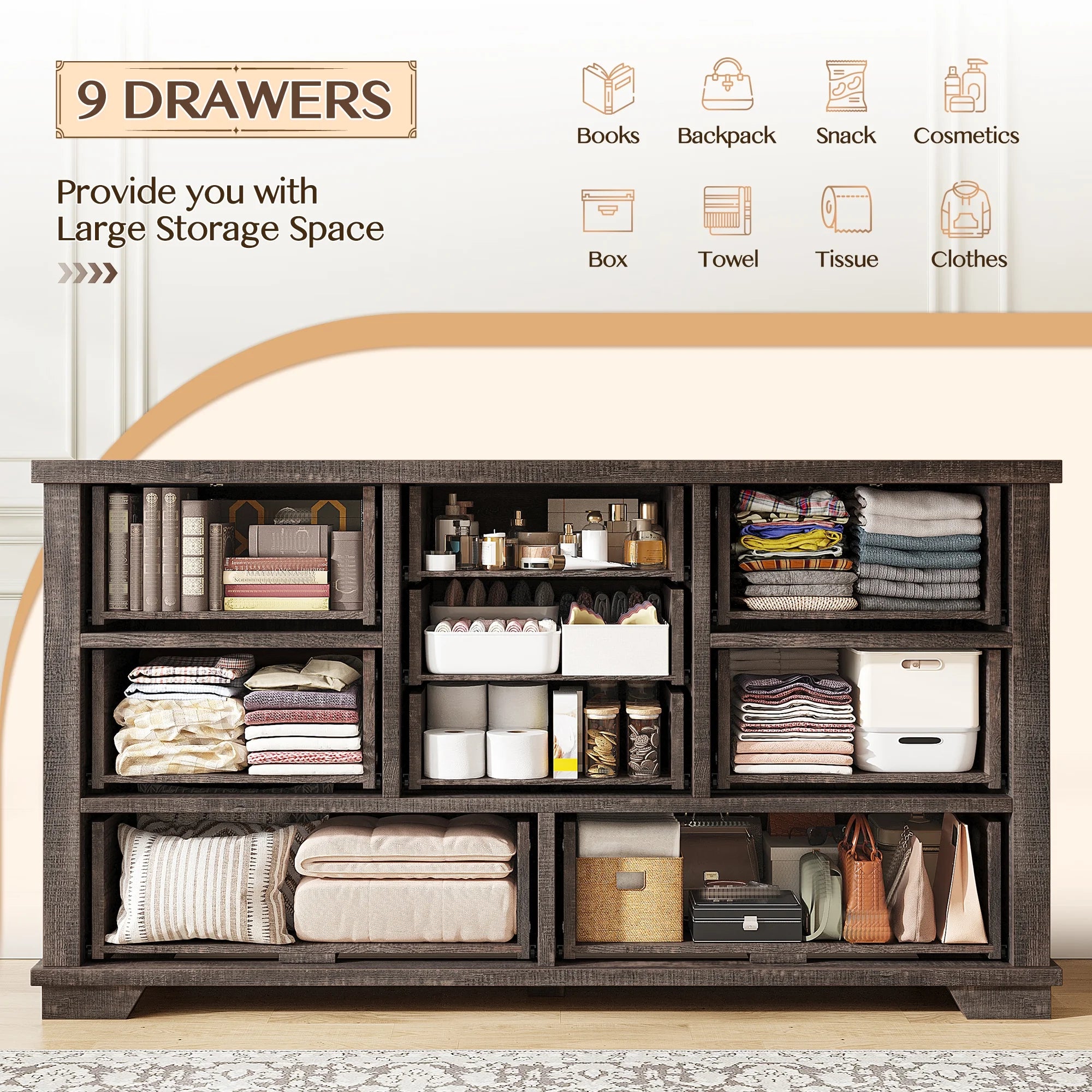 Enhomee Wood Dressers for Bedroom with 9 Drawers White Dresser Chest of Drawers for Living Room