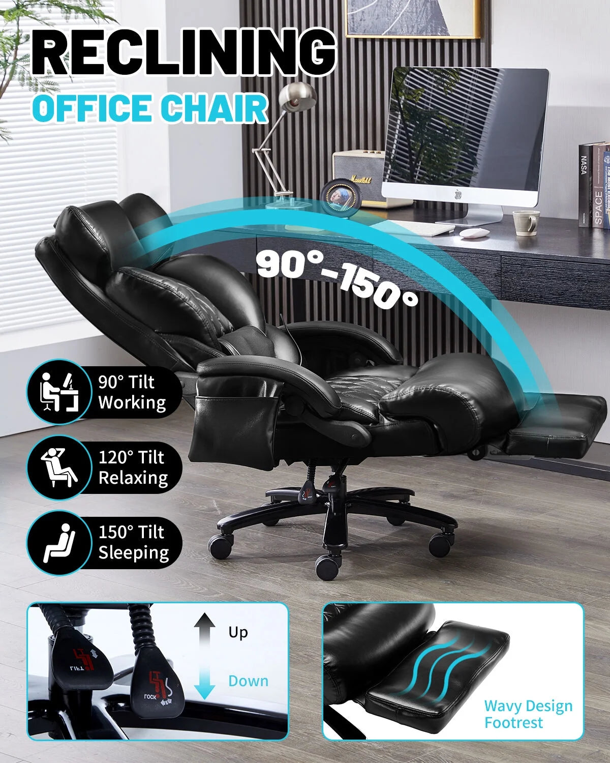 800 lb Relax Office Chair with Foot Support & 8 - Zone Soothing Warmth for Larger Users, Big and Tall Ergonomic Executive Tilt Desk Chairs for Home Office Managerial Use