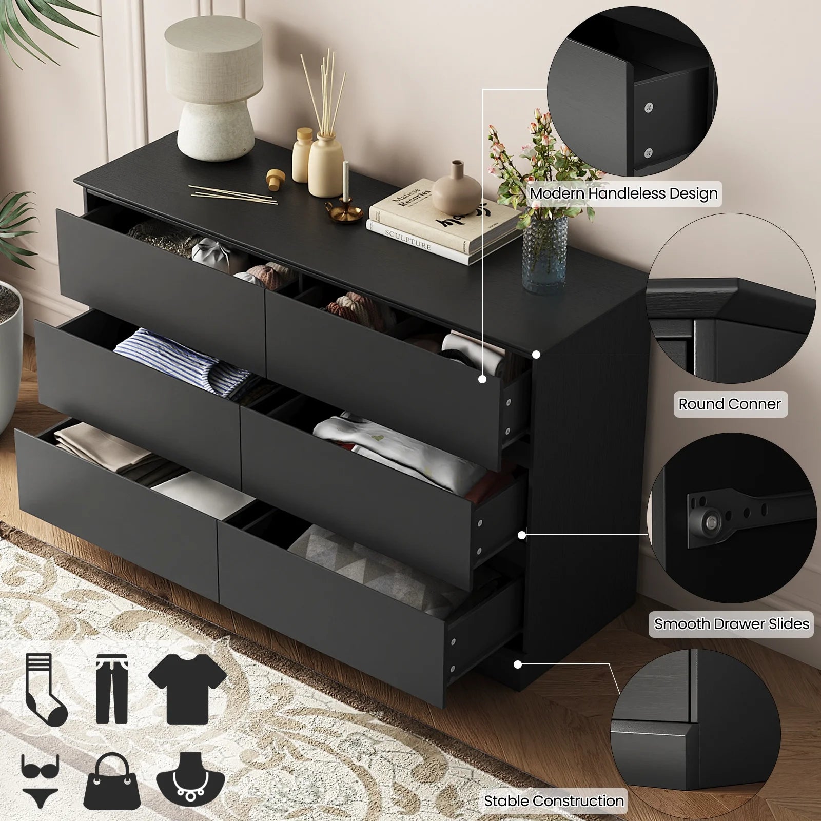 White Dressers Bedroom Dresser 6 Drawer Storage Chest of Drawers Double Dresser Storage Side Cabinet Room Furniture for Bedroom Living Room