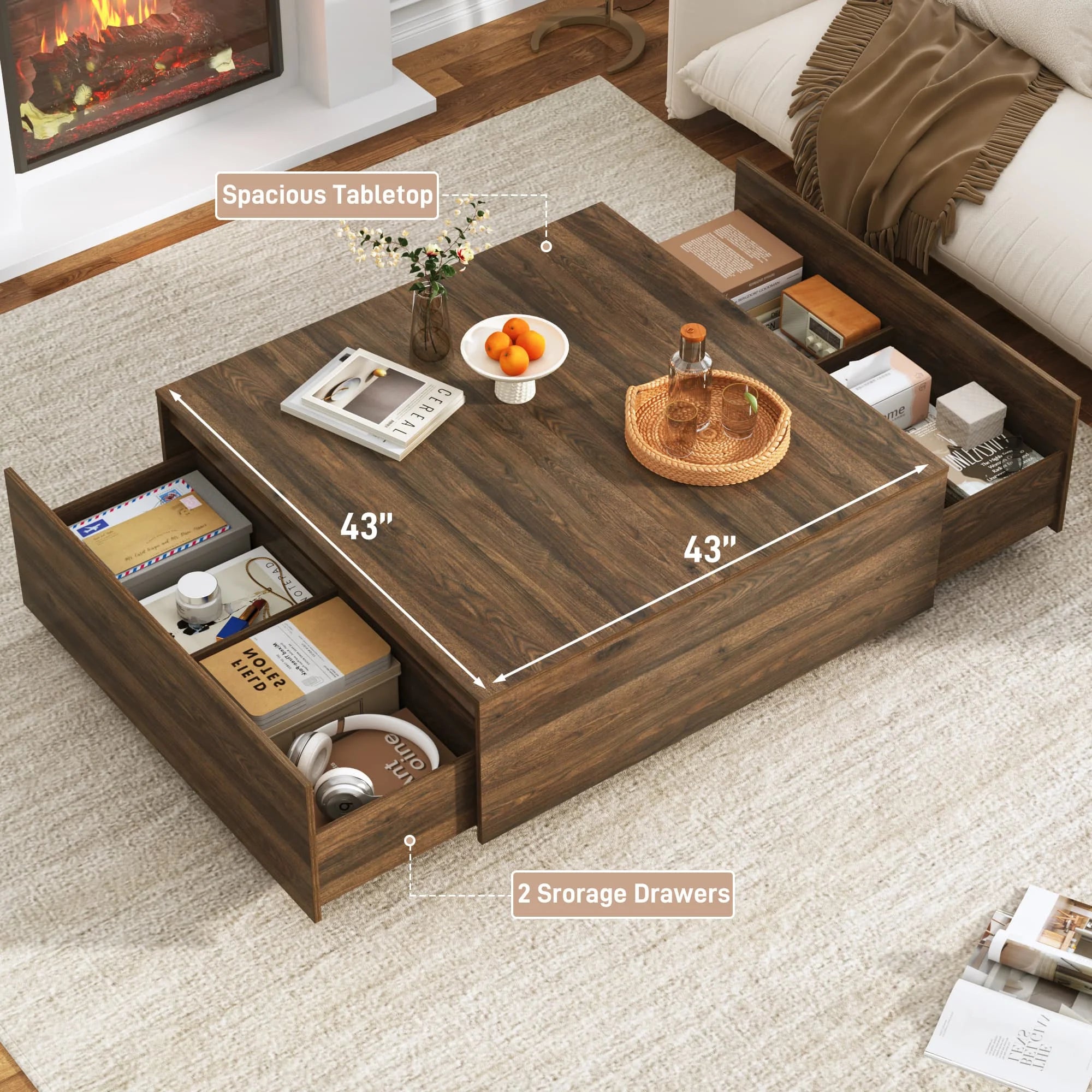 Blotout Square Coffee Table with 2 Large Drawers, 43" Mid Century Modern Coffee Table with Storage, Wood Cocktail Table Center Table with Storage for Living Room, Wood Grain