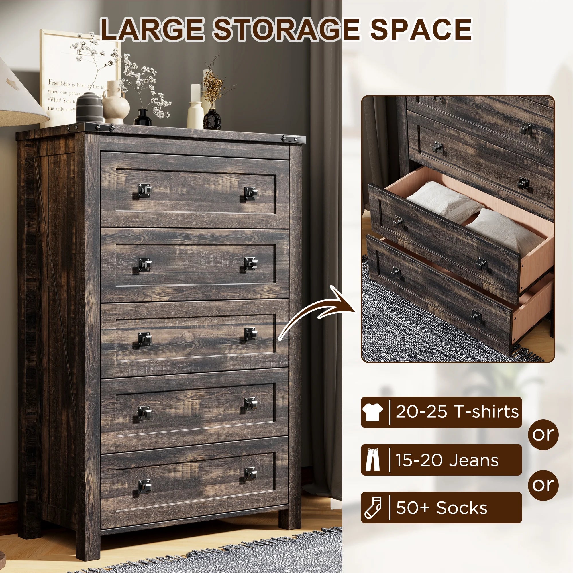 Keywhat Farmhouse 5 Drawer Dresser for Bedroom, Chest of Drawers Wood Organizer for Living Room, Antique White