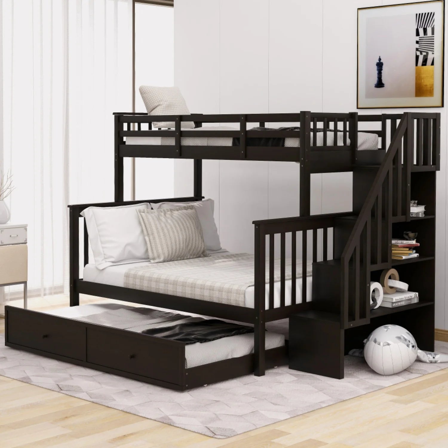 AECOJOY Twin-Over-Full Bunk Bed with Twin size Trundle, Storage and Guard Rail for Bedroom, Espresso
