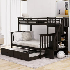 AECOJOY Twin-Over-Full Bunk Bed with Twin size Trundle, Storage and Guard Rail for Bedroom, Espresso