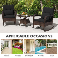 3-Piece Outdoor Wicker Rocking Chair Set, Rattan Bistro Rocker Furniture with Cushions & Pillows, Tempered Glass Coffee Table for Porch Balcony