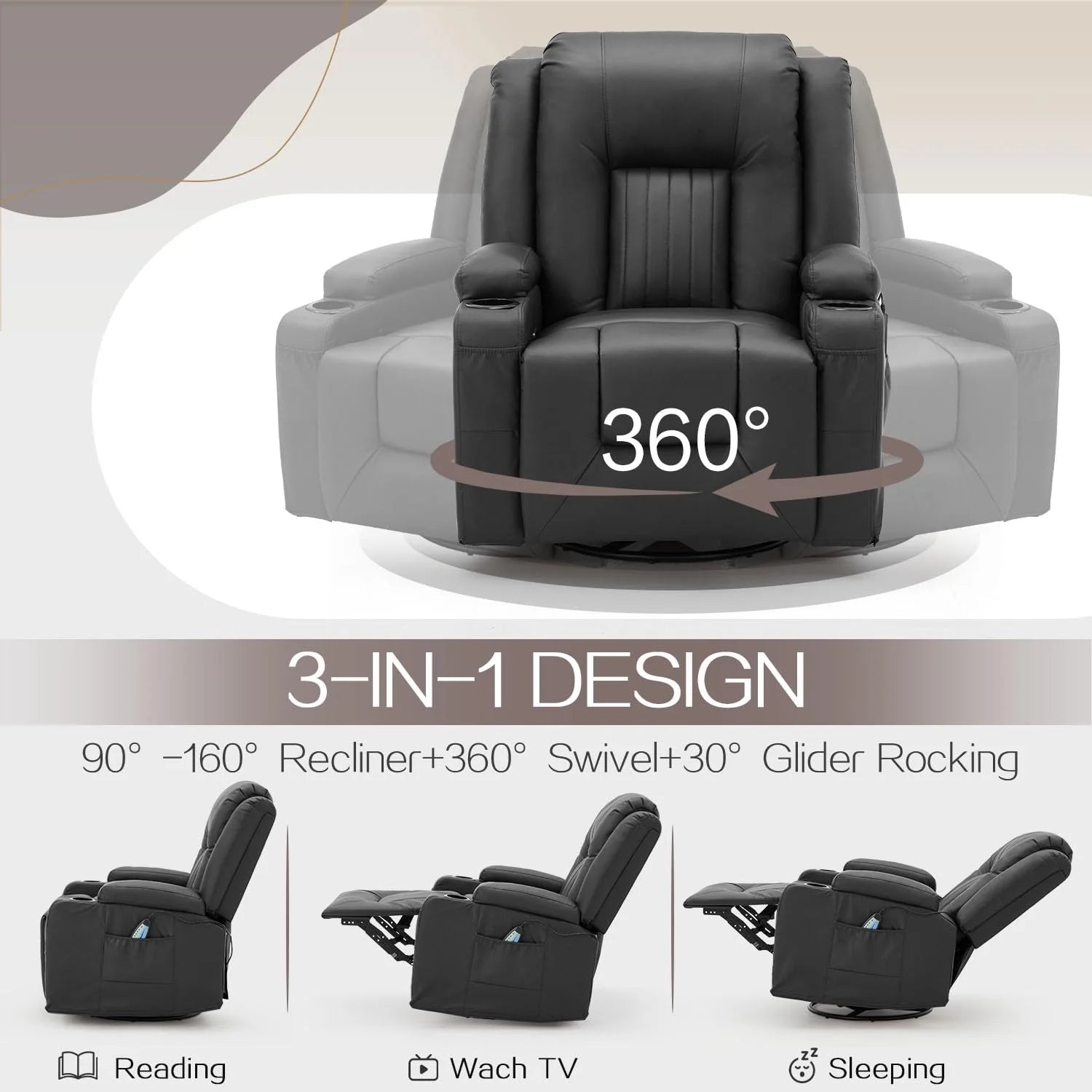 AECOJOY Massage Recliner Manual Chair with Heating & 360° Swivel Rocking Function, Black