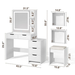 Bedroom Furniture Set - Includes Queen Bed Frame, Nightstands Set of 2, 5 - Drawer Dresser & Vanity Desk - Modern Storage Solution for Stylish Home Decor, Beige/White