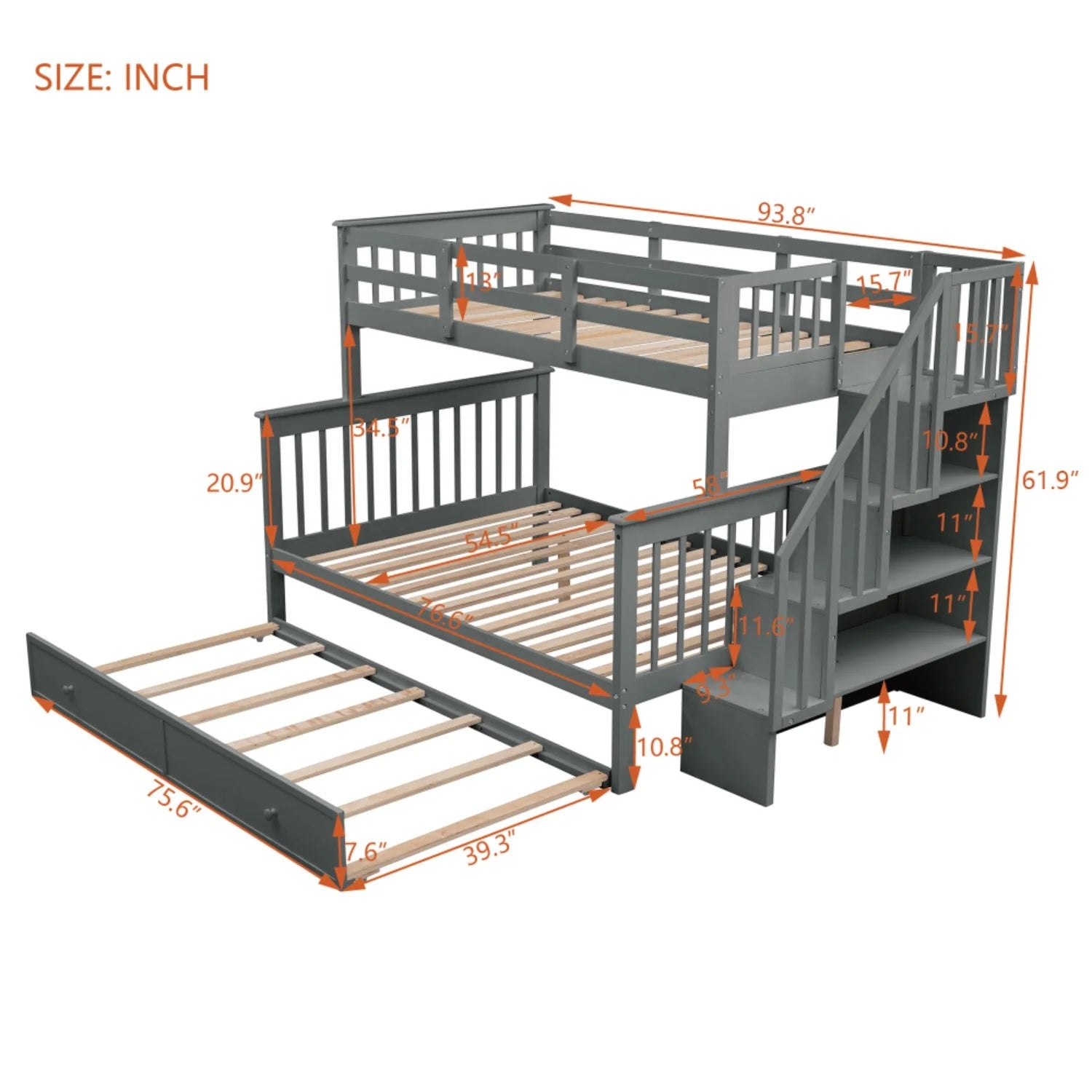 AECOJOY Twin-Over-Full Bunk Bed with Twin size Trundle, Storage and Guard Rail for Bedroom, Espresso