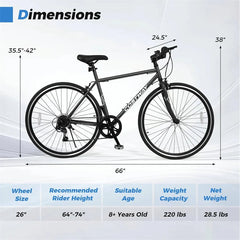 26" Mountain Bike 6-Speed Drivetrain Cycling Bicycle with Dual C-Brakes, Adjustable Seat & All-Terrain Tires, MTB City Bike for Men Women Teens
