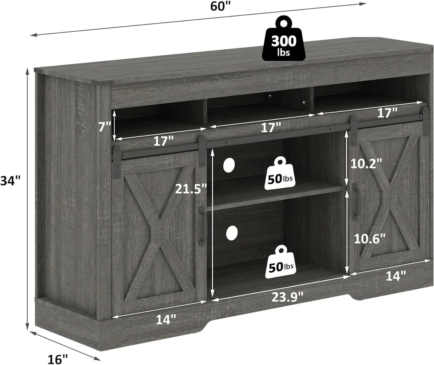 Mayincolor Farmhouse TV Stand for 65+ Inch TV, 34'' Tall Entertainment Center with Sliding Barn Doors, Rustic Wood Media Console Storage Cabinet Television Stand for Living Room, Light Grey