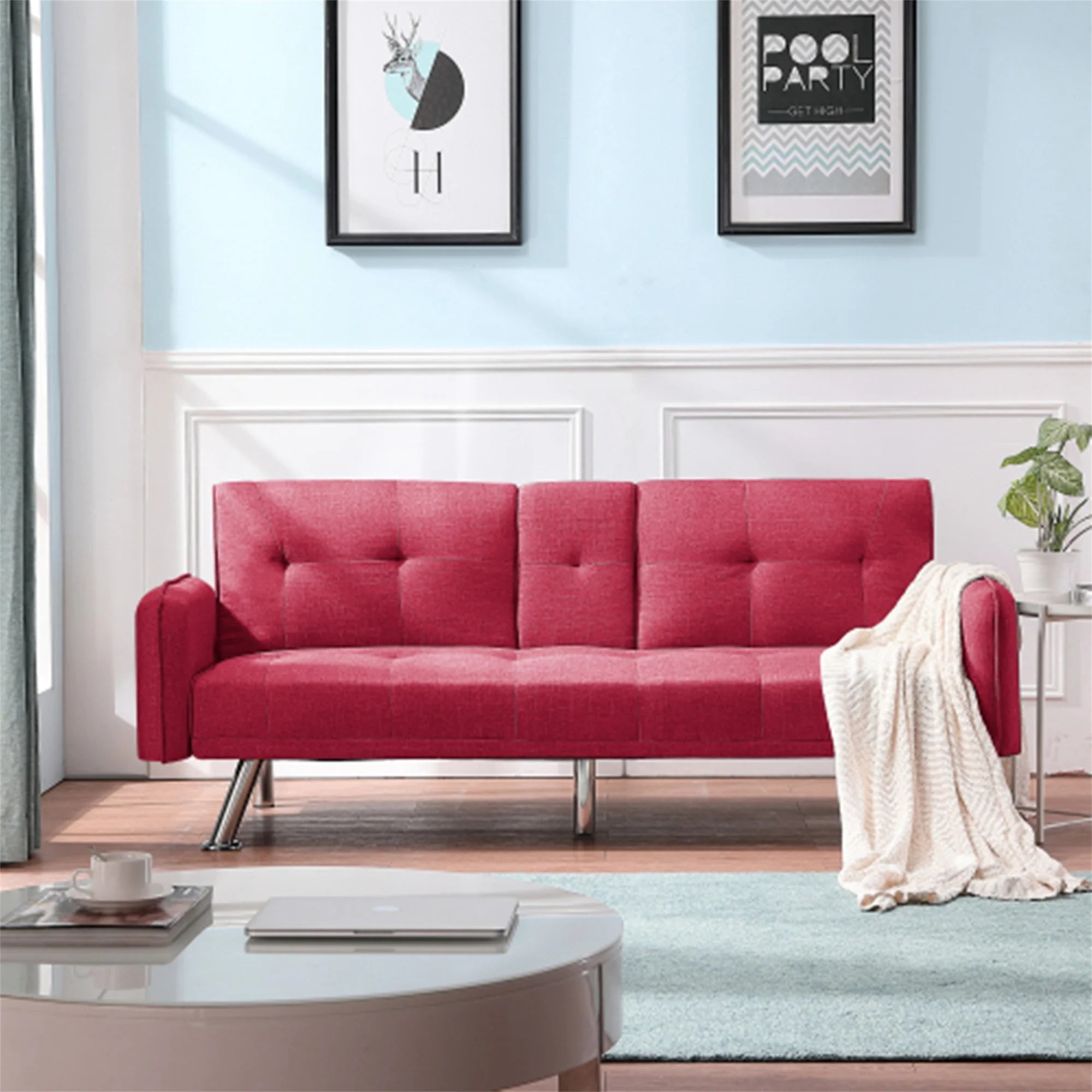 Aukfa 75" Square Arm Futon Convertible Sofa Bed for Home Office, 2 Cup Holders, Linen, Dark Gray